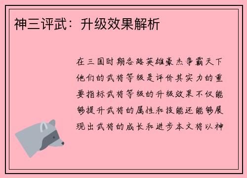 神三评武：升级效果解析