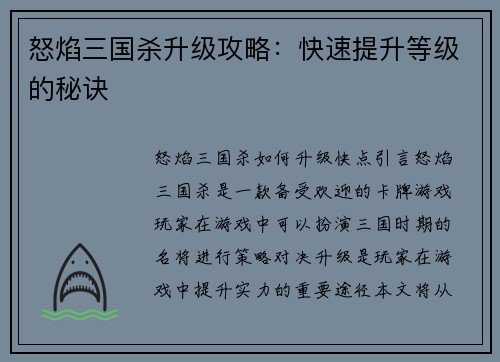 怒焰三国杀升级攻略：快速提升等级的秘诀