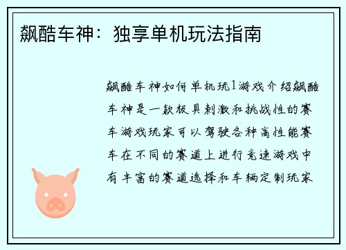 飙酷车神：独享单机玩法指南